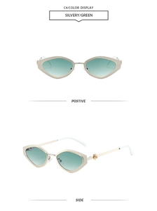 Dual view of silver diamond sunglasses with green gradient lenses and rose metal detail