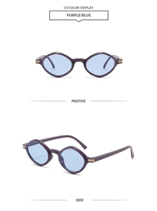 Detail view of purple geometric sunglasses with blue lenses and gold metal accents