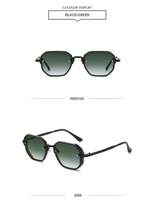 Detail view of black octagonal sunglasses with gradient lenses and textured hinges