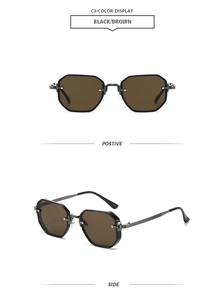 Detail view of octagon sunglasses with black and brown frame from front and side angles