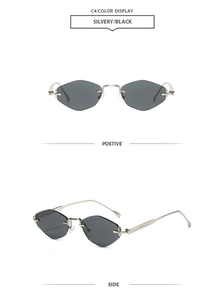 Vue détaillée de lunettes de soleil sans monture à facettes avec branches en argent