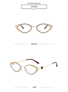 Detailed views of gold diamond-shaped sunglasses with rose metal hinges and dark tips