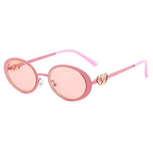 Retro oval small frame pink sunglasses with gold heart detail on temples