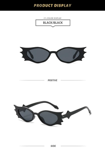 Duale Ansicht der schwarzen Fledermaus-Sonnenbrille mit Front- und Seitenprofildetails