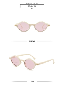 Detailed front and side views of beige polygon sunglasses with pink lenses and gold accents