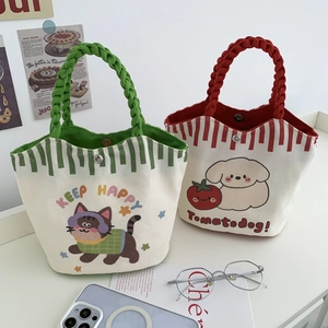 Cute cartoon canvas bucket bags with woven handles and snap closure in green and red