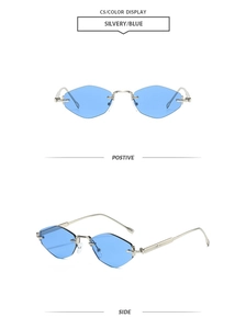 Détail des lunettes de soleil sans monture bleues taille diamant avec cadre en métal argent