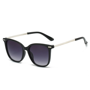 Black square oversized sunglasses with purple gradient lenses and silver braided temples
