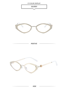 Detailed views of silver geometric cat-eye frames with golden rose temple decorations