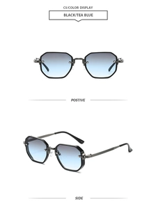 Detail of C5 polygon sunglasses featuring black frames and tea blue gradient lenses