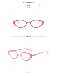 Detailed view of pink diamond-shaped sunglasses with gold rose floral hinge decoration