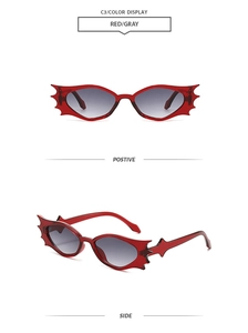 Detailansichten der roten Fledermaus-Sonnenbrille mit grauen Gläsern für Kostümpartys