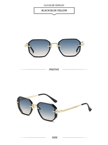 Detailed front and side views of gold metal hexagonal sunglasses with blue-yellow lenses