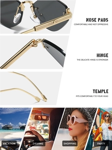 Détail de lunettes sans monture à taille diamant avec monture dorée et scènes de vie