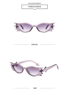 Detailansicht der lila Fledermaus-Sonnenbrille mit Front- und Seitenperspektiven