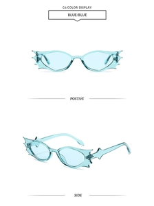 Detailansicht der hellblauen Fledermaus-Sonnenbrille mit halbtransparenten PC-Rahmen