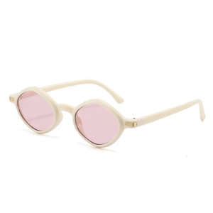 Modern polygonal off-white sunglasses with light pink lenses and gold temple accents