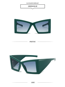 Gros plan sur les lunettes de soleil géométriques vert foncé avec verres dégradés bleu-violet