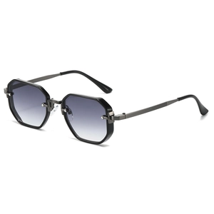 Retro polygon metal sunglasses with gradient grey lenses and textured temples