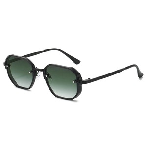 Fashionable polygonal sunglasses with black frame and gradient green lenses for outdoors