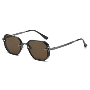 Fashionable polygon metal sunglasses with brown polarized lenses and gunmetal frame