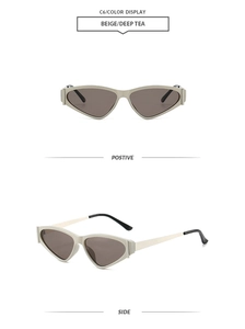 Vue détaillée de lunettes de soleil œil-de-chat beige avec verres thé foncé, de face et profil
