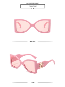 Detailed front and side views of pink oversized butterfly sunglasses with gold accents