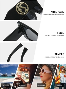 Detailed views of oversized sunglasses featuring reinforced hinges and golden S logo accents