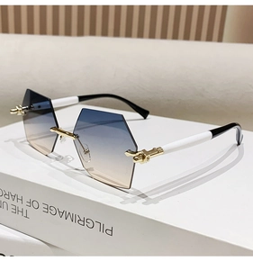 Detailaufnahme einer randlosen sechseckigen Sonnenbrille mit blauem Verlauf und Goldgestell