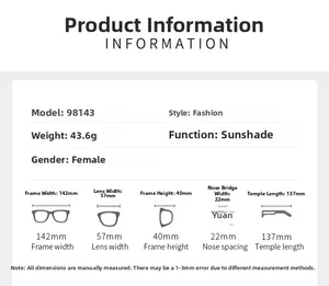 Size chart for model 98143 oval metal sunglasses showing frame width and lens dimensions