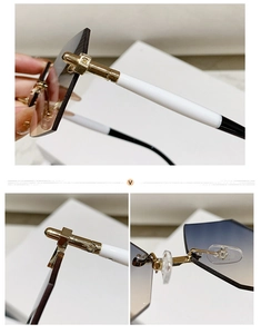 Detailansicht der Gold-Metallscharniere, weiße Bügel und Verlaufsgläser der randlosen Brille