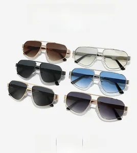 Detail view of double bridge polygon sunglasses in six gradient colors with woven temples