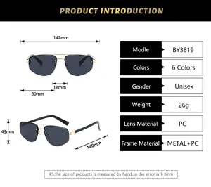 Detailed size chart for rimless metal polygon sunglasses showing full frame dimensions