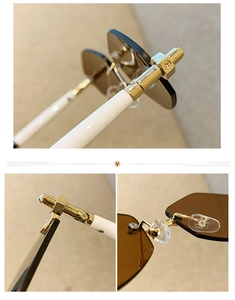 Détails de lunettes de soleil sans monture avec charnières dorées et branches blanches