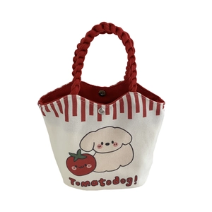 Cute cartoon Tomatodog canvas bucket bag with red woven handle and magnetic closure