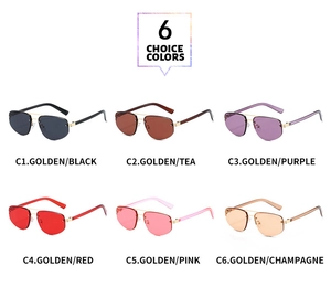 Showcase of six rimless aviator sunglasses with gold metal temples in various lens colors