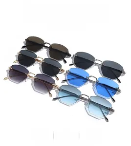 Detailed grid of rimless polygon sunglasses in diverse colors with metallic frames
