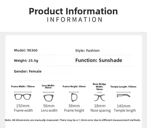 Tableau détaillé des tailles pour lunettes de soleil sans monture avec mesures et poids