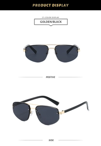 Detailed front and side views of rimless aviator sunglasses with gold metal frames