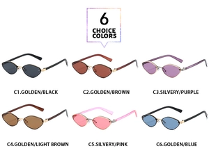 Flat lay view of 6 stylish geometric polygon sunglasses with metallic frames in various colors