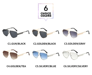 Detail view of double-bridge aviator sunglasses in six metallic frame and lens colors