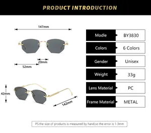 Detailed size chart for rimless polygon sunglasses with metal frame dimensions and specs