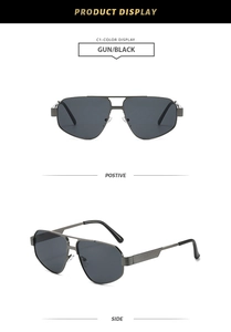 Detail view of gunmetal aviator sunglasses featuring textured woven metal temples