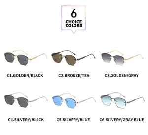 Detailed showcase of rimless polygon sunglasses in six assorted lens and frame colors