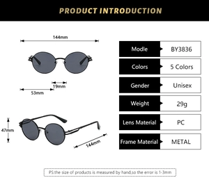 Spécifications de taille détaillées pour lunettes de soleil rondes rétro punk