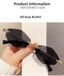 Détail de lunettes de soleil géométriques sans monture avec verres gris et cadre doré