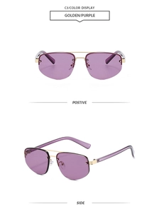 Detail view of purple rimless polygon sunglasses with golden metal double bridge