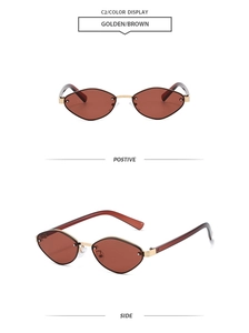 Detailed views of vintage geometric sunglasses with gold metal bridge and brown lenses