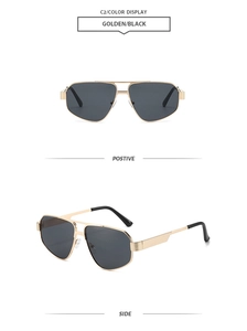 Front and side view of gold double-bridge polygon sunglasses with engraved temples
