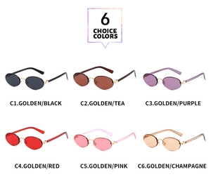 Detailed grid showing six tinted frameless oval sunglasses with slim gold metal temples